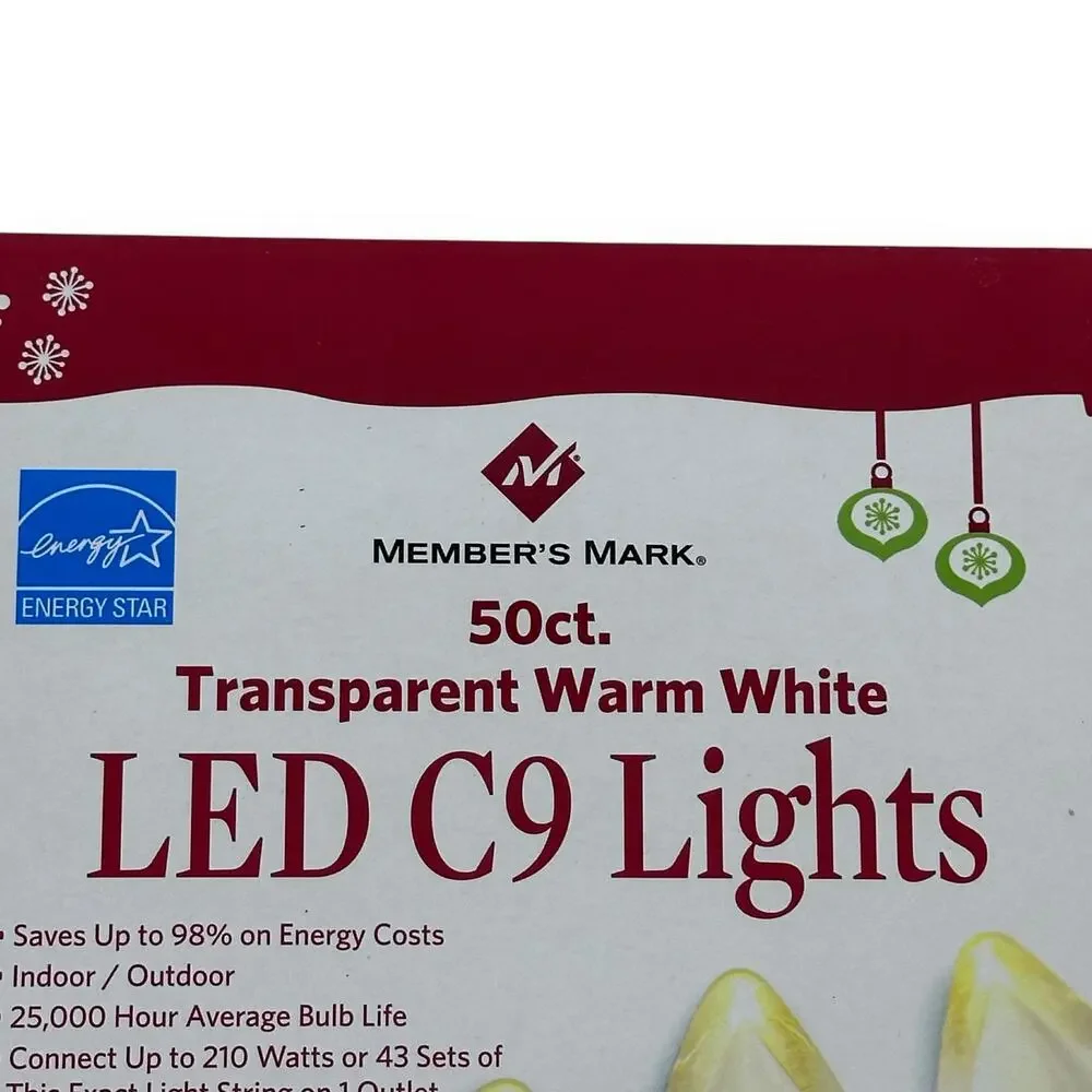 Member's Mark 50 ct. Transparent Warm White LED C9 String Lights 21' Christmas